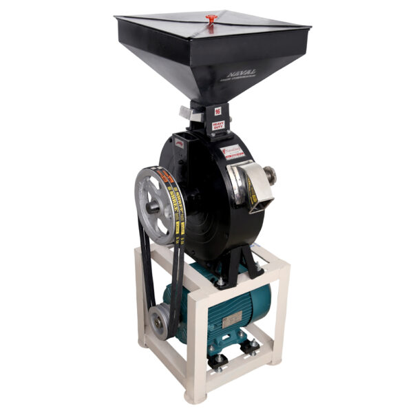 "NAVALDEEP vertical stand commercial flour mill machine available in 12'', 14'', and 16'' inch sizes, offering high grinding capacity with low power consumption. Designed for efficiency, it is easy to use and maintain, providing 100% fresh flour at an affordable rate. Equipped with electronic overload protection for reliable performance, ideal for industrial flour production."
