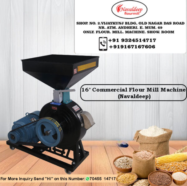 "NAVALDEEP commercial atta chakki machine, available in 12'', 14'', and 16'' inch sizes, featuring high grinding capacity, low power consumption, and electronic overload protection. Designed for industrial flour production with user-friendly operation and easy maintenance, it delivers 100% fresh flour at an affordable rate, making it ideal for businesses seeking efficiency and quality."