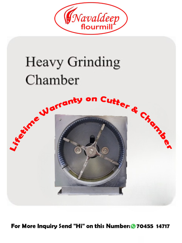 "Fully automatic domestic flour mill with a 1 HP motor and a grinding chamber designed for durability and efficiency. Comes with a lifetime guarantee for the grinding chamber, ensuring reliable and consistent performance for home grain grinding needs."