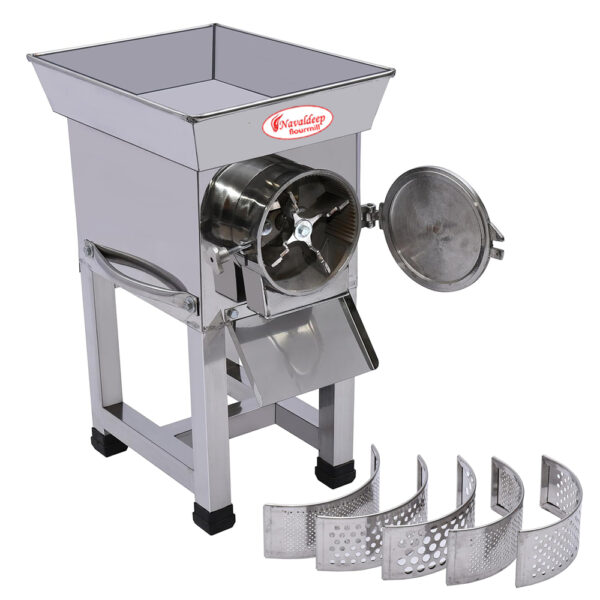 "NavalDeep heavy-duty commercial gravy machine with a powerful 3HP motor, designed for catering and hotel industries. Features include useful attachments like a side handle for easy handling, leg guards for safety, and 5 aluminum jalis for versatile grinding options. Operates on 220V-240V at 50Hz, consuming 1400mW power for efficient and low-maintenance performance."