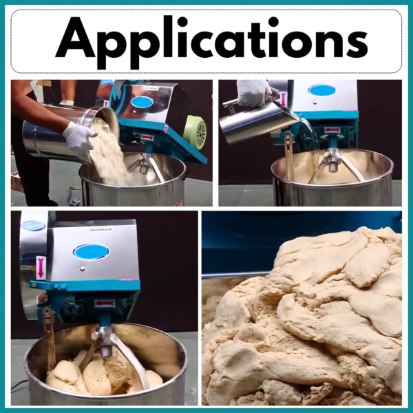 "Navaldeep Stainless Steel Dough Kneading Machine, ideal for hotels and restaurants, with capacities ranging from 2kg to 50kg. Efficiently prepares dough for Chapati, Poori, Samosa, Namakpara, Farsipuri, Panipuri, and bread. Built with durable Mild Steel or Stainless Steel, featuring semi-automatic operation, low power consumption, and a 1-year warranty for reliable and consistent performance in commercial kitchens."